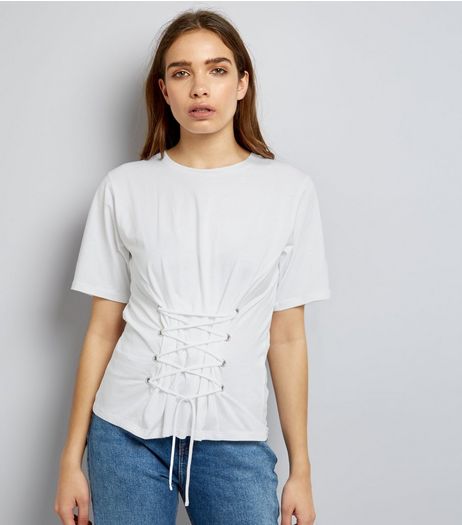 Tall Cream Lace Up Corset T-Shirt | New Look