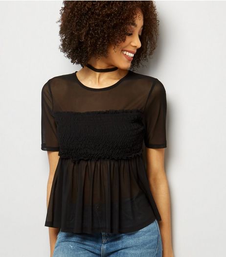 Tall Black Shirred Mesh Top | New Look