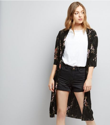 Black Floral Print Plisse Kimono | New Look