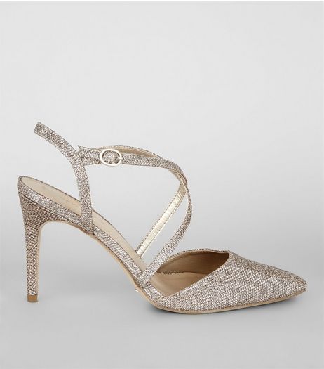 Gold Glitter Pointed Cross Strap Heels | New Look