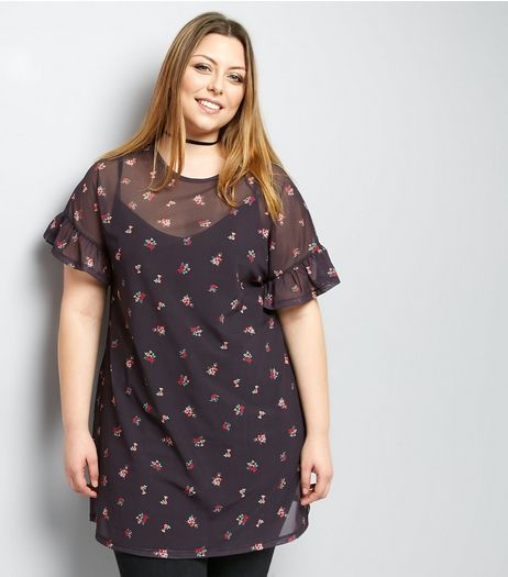 Curves Black Ditsy Floral Mesh Frill Sleeve Tunic | New Look