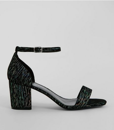 Wide Fit Black Iridescent Brocade Block Heel Sandals | New Look