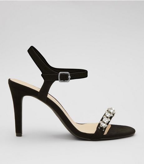 Wide Fit Black Gem Stone Strap Heeled Sandals | New Look