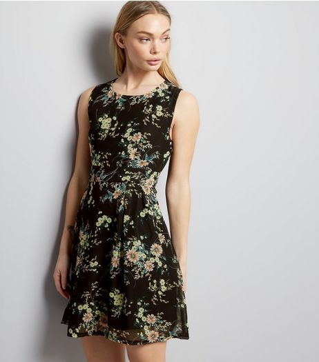 Apricot Black Floral Print Tie Back Dress | New Look