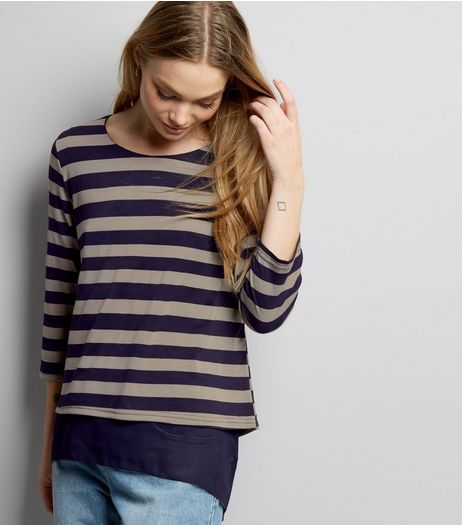 Apricot Navy Stripe Print Chiffon Top | New Look