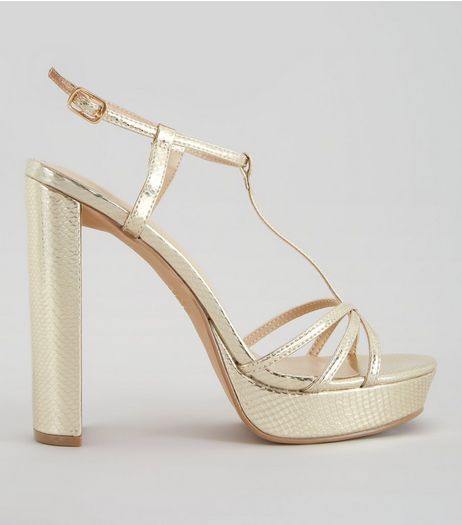 Gold Snakeskin Textured T Bar Platform Heels | New Look