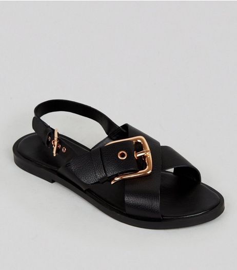 Wide Fit Black Leather Cross Buckle Strap Sandals | New Look