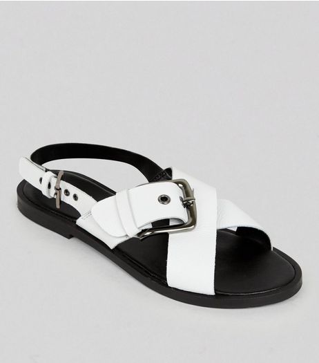Wide Fit White Leather Cross Buckle Strap Sandals | New Look