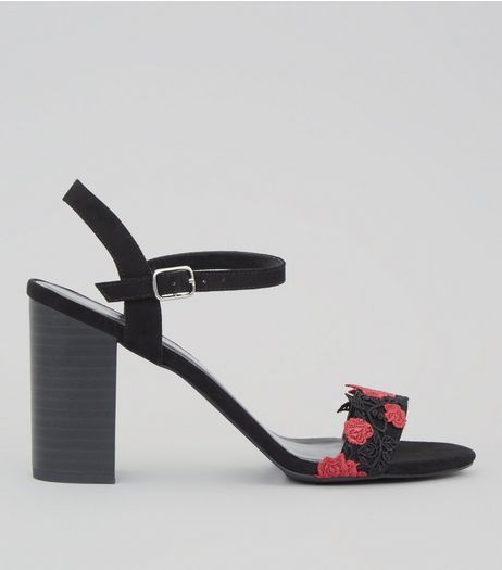 Black Suedette Floral Embroidered Lace Heeled Sandals | New Look