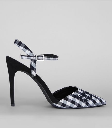 Black Gingham Floral Embroidered Pointed Heels | New Look