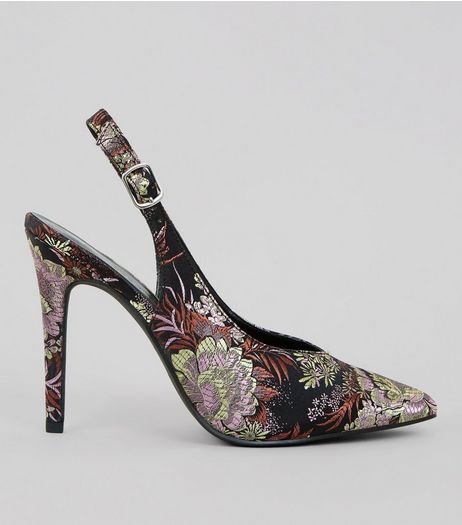 Black Floral Brocade Slingback Heels | New Look