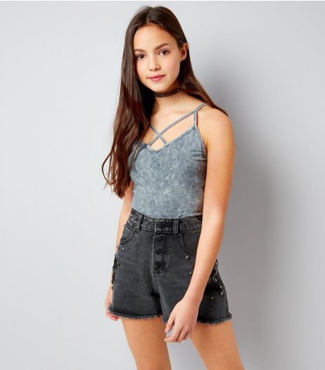 Teens Dark Grey Acid Wash Cross Strap Cami | New Look