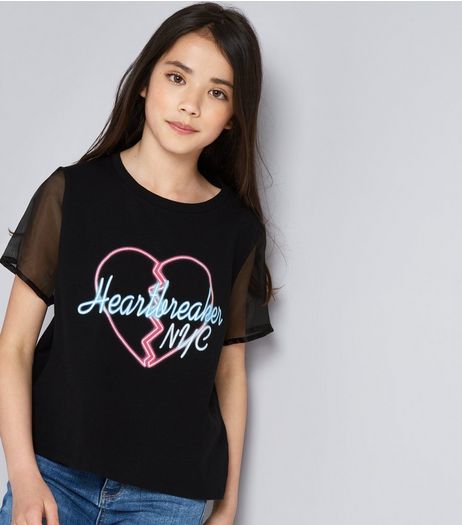 Teens Black Heartbreaker Slogan Organza Sleeve T-Shirt | New Look