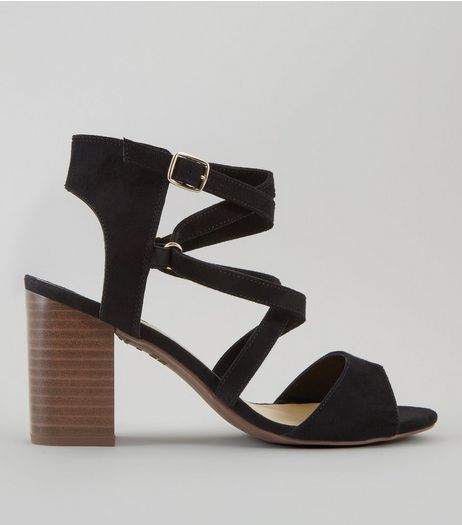 Wide Fit Black Suedette Cross Strap Heeled Sandals | New Look