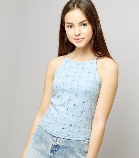 Teens Pale Blue Broderie High Neck Cami | New Look