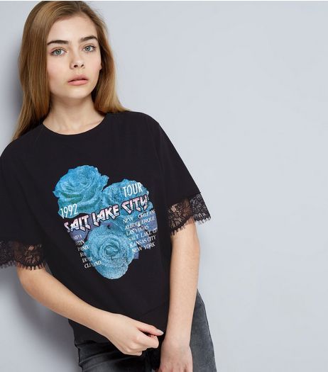Teens Black Salt Lake City Lace Trim Rock T-Shirt | New Look