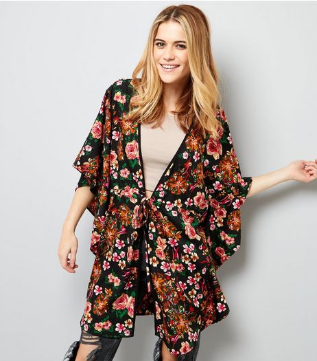 Mela Black Floral Tie Front Kimono | New Look