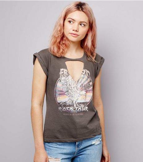 Dark Grey Eagle Print Choker Neck Rock T-Shirt | New Look