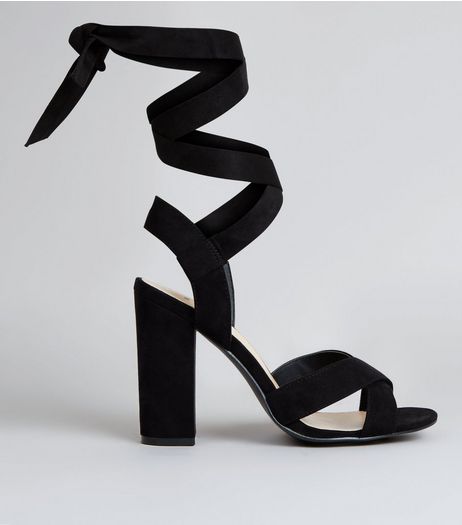 Wide Fit Black Suedette Ankle Tie Heeled Sandals | New Look