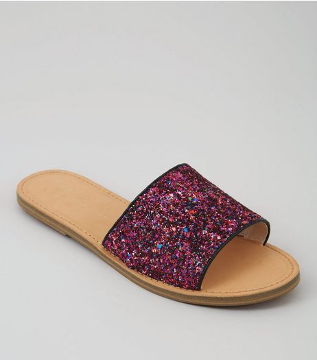 Wide Fit Pink Glitter Mules | New Look