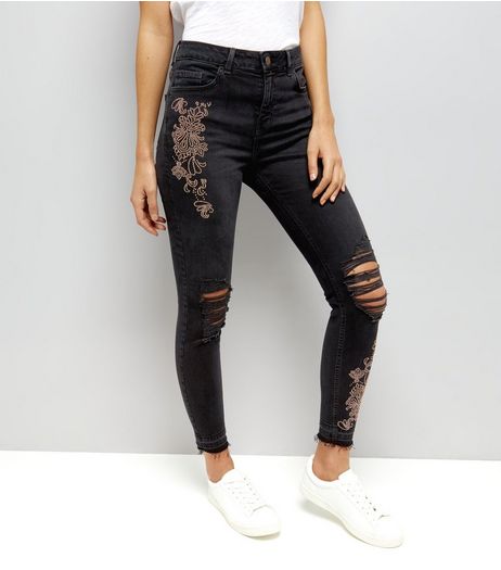 Black Ripped Gem Studded Skinny Jenna Jeans | New Look