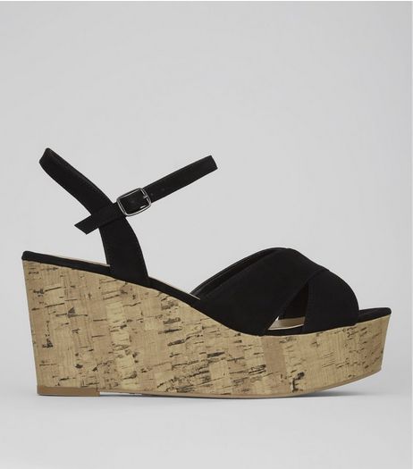 Wide Fit Black Cork Wedge Flatform Heels | New Look