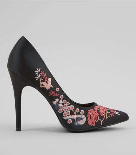 Wide Fit Black Satin Embroidered Pointed Court Shoes | New Look