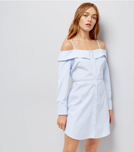 Blue Stripe Cold Shoulder Shirt Dress | New Look