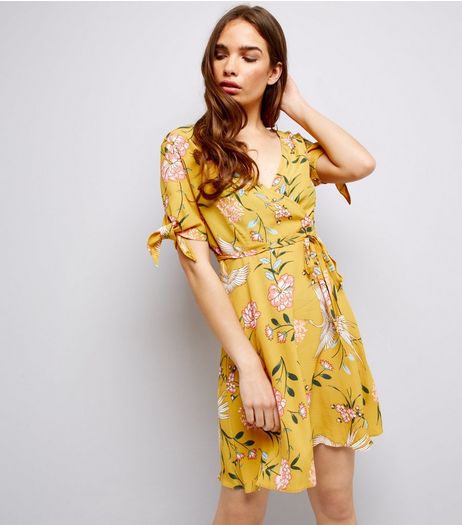 Yellow Floral Print Tie Sleeve Wrap Front Skater Dress | New Look
