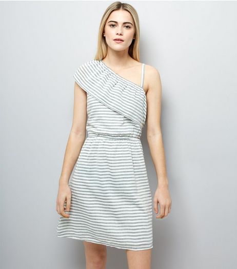 White Stripe Frill Trim Off the Shoulder Dress | New Look