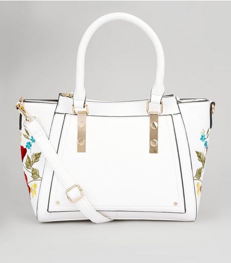 White Floral Embroidered Trim Bowler Bag | New Look