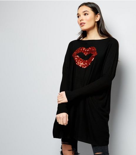 QED Black Sequin Lips Oversized Jumper | New Look