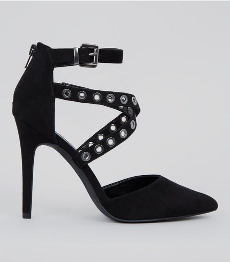 Black Suedette Eyelet Cross Strap Pointed Heels | New Look