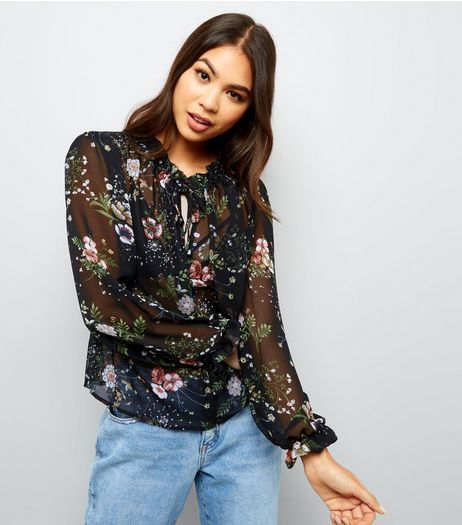 Urban Bliss Black Floral Frill Trim Blouse | New Look