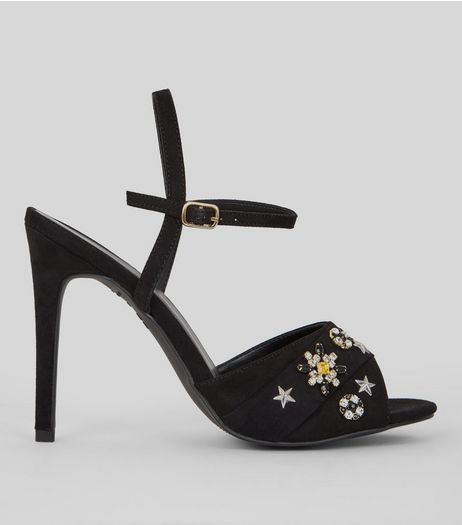 Black Embellished Detail Heeled Sandals | New Look