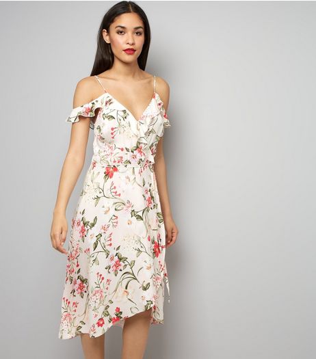 Pink Floral Print Cold Shoulder Midi Dress | New Look