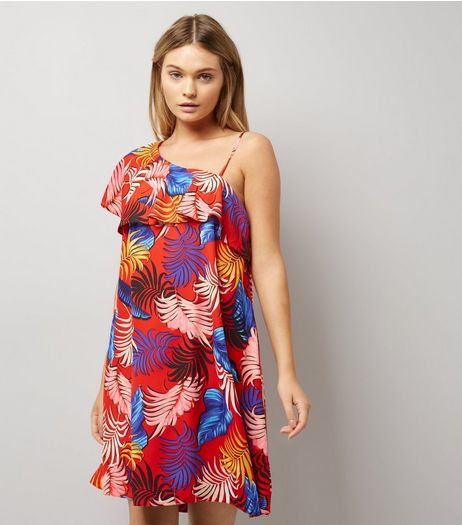 Red Tropical Leaf Print One Shoulder Dress | New Look