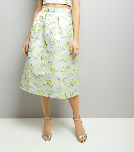 White Sateen Floral Jacquard Midi Skater Skirt | New Look