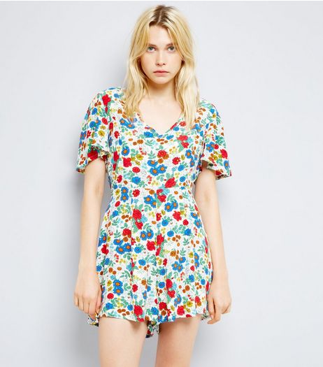 White Ditsy Floral Print Playsuit | New Look