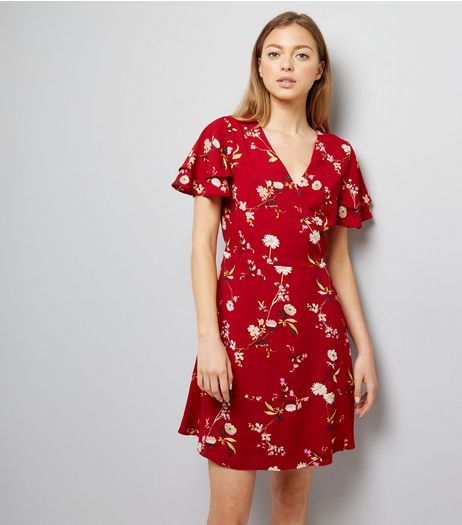 Red Floral Print Wrap Front Dress | New Look