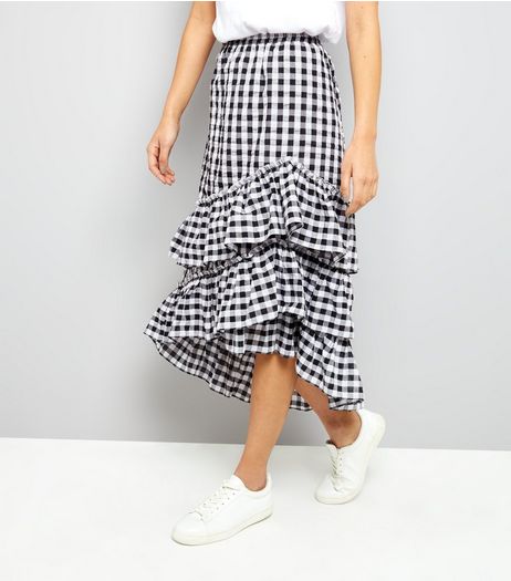 Black Gingham Frill Trim Midi Skirt | New Look