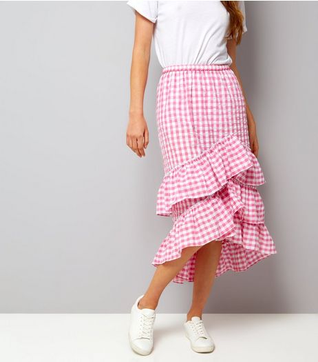 Pink Gingham Frill Trim Midi Skirt | New Look