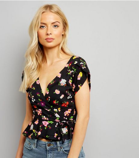 Motel Black Floral Print Wrap Front Top | New Look
