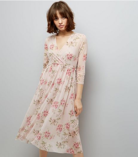 Pink Floral Print Mesh Wrap Front Midi Dress | New Look