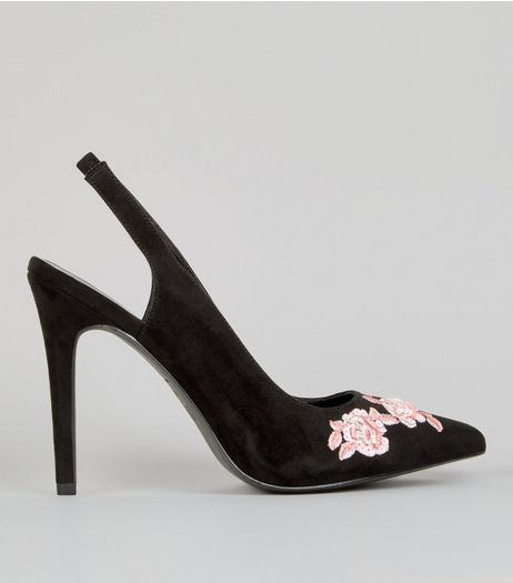 Wide Fit Black Floral Embroidered Sling Back Heels | New Look