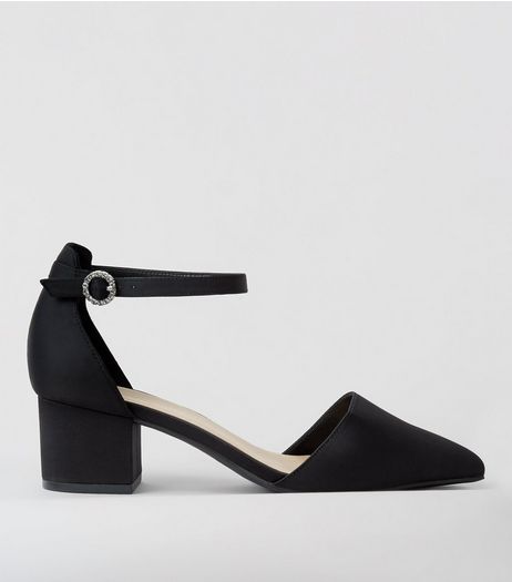 Wide Fit Black Satin Gem Buckle Heels | New Look
