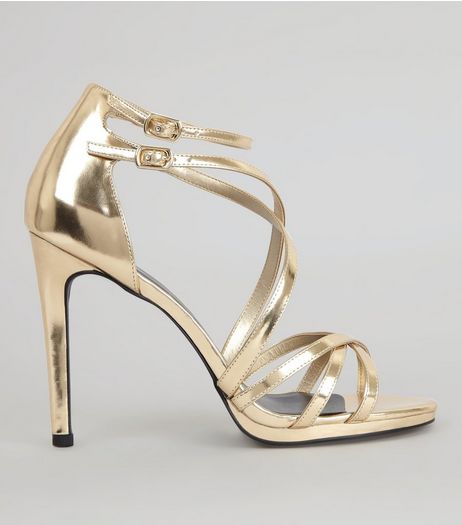 Gold Multi Strap Cross Front Heeled Sandals | New Look