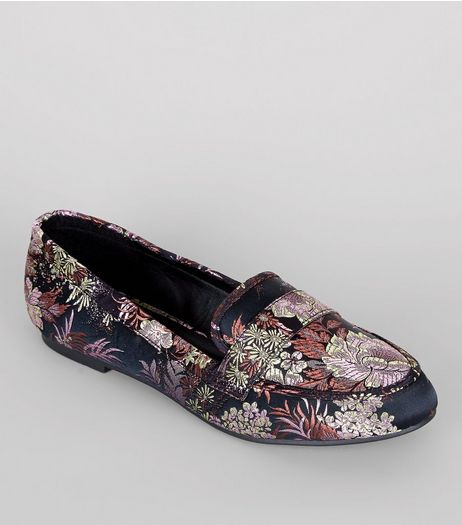 Wide Fit Black Floral Brocade Loafers | New Look