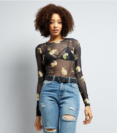 Black Floral Print Mesh Top | New Look