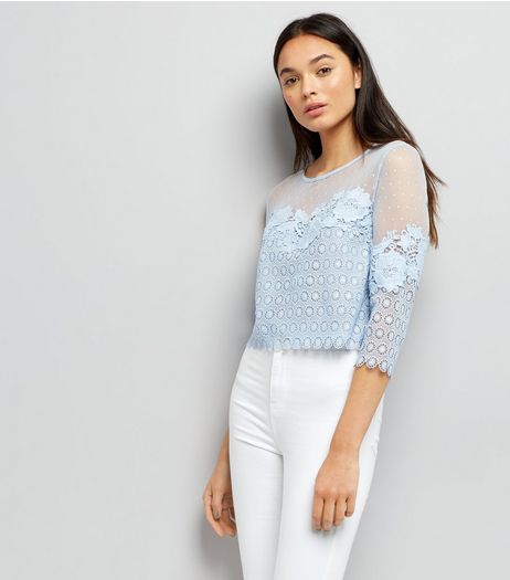 Pale Blue Spot Mesh Lace Panel Top | New Look